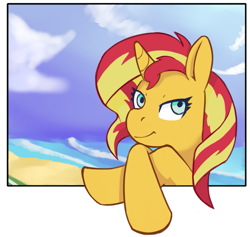 Size: 993x940 | Tagged: safe, artist:wild-thunder06, character:sunset shimmer, species:pony, species:unicorn, beach, female, looking at you, solo, waiting