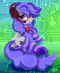 Size: 2500x3000 | Tagged: safe, artist:liquorice_sweet, oc, oc only, oc:cinnabyte, adorkable, bandana, clothing, commission, cute, dork, gaming headset, glasses, headphones, headset, silly, socks, striped socks, tongue out