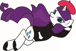 Size: 940x635 | Tagged: safe, artist:megasweet, artist:rainygami, character:rarity, beatnik rarity, beret, clothing, colored, female, hat, solo, sweater