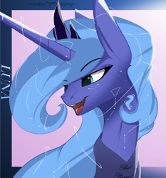 Size: 2850x3064 | Tagged: safe, artist:therealf1rebird, character:princess luna, species:alicorn, species:pony, best princess, clothing, constellation freckles, female, freckles, happy, horn, mare, shirt, solo, stars, t-shirt