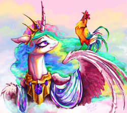 Size: 2250x2000 | Tagged: safe, artist:baccizoof, character:princess celestia, species:alicorn, species:bird, species:chicken, species:pony, species:rooster, female, gem, holographic, solo