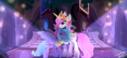 Size: 3500x1600 | Tagged: safe, artist:liquorice_sweet, character:princess celestia, character:princess luna, species:alicorn, species:pony, accessories, castle of the royal pony sisters, cute, ear fluff, embrace, everfree forest, female, hug, leg fluff, night, royal sisters, siblings, sisters, throne, throne room