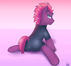 Size: 3128x2914 | Tagged: safe, artist:legionsunite, character:tempest shadow, species:pony, species:unicorn, bodysuit, broken horn, clothing, female, horn, looking at you, looking back, looking back at you, mare, simple background, solo, splits