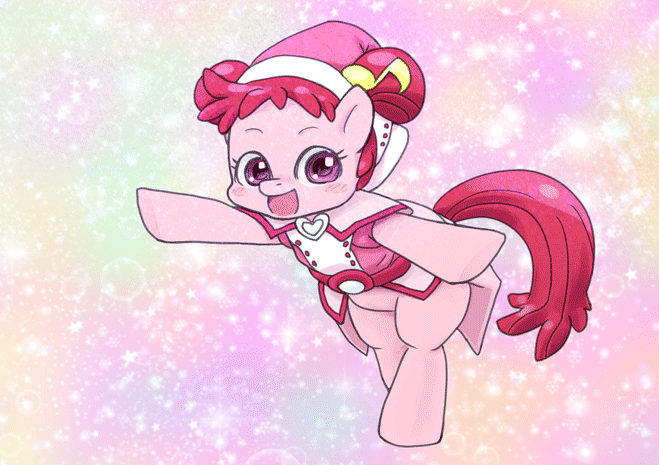 Size: 659x465 | Tagged: safe, artist:yutoraru, species:pony, animated, anime, bipedal, clothing, crossover, dancing, doremi harukaze, female, hat, japanese, magical doremi, ojamajo doremi, open mouth, ponified, smiling, solo, witchling