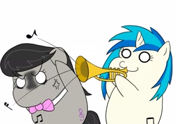 Size: 2507x1763 | Tagged: safe, artist:iroenpitu_nico, character:dj pon-3, character:octavia melody, character:vinyl scratch, species:earth pony, species:pony, species:unicorn, :3, angry, bow tie, chibi, digital art, meme, musical instrument, simple background, trumpet, trumpet boy