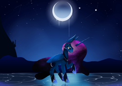 Size: 9134x6459 | Tagged: safe, artist:therealf1rebird, character:princess luna, species:alicorn, species:pony, canterlot, ethereal mane, female, galaxy mane, horn, lake, laurel wreath, looking down, mare, moon, night, sky, stars, water, wings
