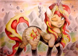 Size: 976x710 | Tagged: safe, artist:omnisimon11, character:sunset shimmer, species:alicorn, species:pony, clothing, element of magic, female, fishnets, one eye closed, solo, traditional art, wink