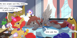 Size: 4000x2000 | Tagged: safe, alternate version, artist:liquorice_sweet, oc, oc:artfulcord, oc:queen mara, species:pegasus, species:pony, species:unicorn, amputee, bed, bedroom, bruised, clothes on floor, clothing, dialogue, magic, pillow, prosthetic limb, prosthetics, scar, scarf, sikan pegasus, sword, tattoo, weapon, window