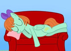 Size: 4032x2902 | Tagged: safe, artist:rainbowšpekgs, character:peppermint goldylinks, species:pegasus, species:pony, commission, couch, eyes closed, female, friendship student, lying down, simple background, sleeping, solo, wings
