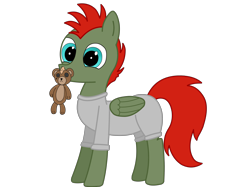 Size: 4032x3016 | Tagged: safe, artist:rainbowšpekgs, oc, oc only, oc:jet lag, species:pegasus, species:pony, clothing, commission, happy, male, plushie, simple background, solo, teddy bear, transparent background, wings