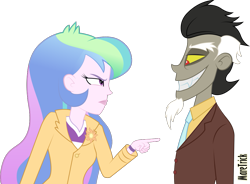 Size: 1023x752 | Tagged: safe, artist:maretrick, character:discord, character:princess celestia, character:principal celestia, ship:dislestia, g4, my little pony:equestria girls, celestia is not amused, equestria girls-ified, female, grin, male, pointing, shipping, simple background, smiling, straight, transparent background, unamused