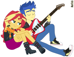 Size: 1183x920 | Tagged: safe, artist:maretrick, character:flash sentry, character:sunset shimmer, ship:flashimmer, g4, my little pony:equestria girls, converse, eyes closed, female, guitar, male, musical instrument, shipping, shoes, simple background, sitting, smiling, straight, transparent background, vector