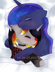 Size: 1025x1336 | Tagged: safe, artist:latia122, character:princess luna, oc, oc:moonshine, species:alicorn, species:pony, species:unicorn, g4, bed, canon x oc, clothing, collar, cuddling, cute, flannel, flannel shirt, hug, piercing, pillow, shipping, shirt, size difference, sleeping, snuggling, stockings, thigh highs, wholesome
