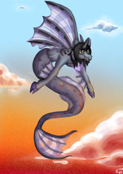 Size: 2894x4093 | Tagged: safe, artist:sugar lollipop, species:siren, g4, cloven hooves, colored hooves, curved horn, digital art, digital painting, fangs, fins, fish tail, flying, horn, kellin quinn, male, ponified, request, requested art, scales, signature, sleeping with sirens, slit eyes, smiling, solo