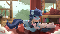 Size: 1750x1000 | Tagged: safe, artist:liquorice_sweet, oc, oc only, oc:liquorice sweet, oc:soaring skies, species:earth pony, species:pegasus, species:pony, g4, cabin, cuddling, embrace, female, hug, love, male, mare, shipping, stallion, together forever