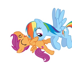 Size: 1080x1080 | Tagged: safe, artist:princessdestiny200i, character:rainbow dash, character:scootaloo, species:pegasus, species:pony, g4, eyes closed, female, laughing, mare, open mouth, raspberry, scootalove, silly, simple background, tickle torture, tickling, tummy buzz, white background