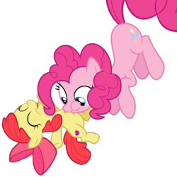 Size: 1080x1080 | Tagged: safe, artist:princessdestiny200i, character:apple bloom, character:pinkie pie, species:earth pony, species:pony, g4, apple bloom's bow, bow, eyes closed, female, filly, hair bow, laughing, mare, open mouth, raspberry, simple background, tickle torture, tickling, tummy buzz, white background