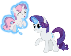 Size: 803x630 | Tagged: safe, artist:princessdestiny200i, character:rarity, character:sweetie belle, species:pony, species:unicorn, g4, belle sisters, eyes closed, feather, female, filly, glowing horn, grin, horn, laughing, levitation, magic, mare, open mouth, raised hoof, siblings, simple background, sisters, smiling, telekinesis, tickle torture, tickling, white background