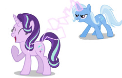 Size: 602x384 | Tagged: safe, artist:princessdestiny200i, character:starlight glimmer, character:trixie, species:pony, species:unicorn, g4, eyes closed, female, glowing horn, horn, laughing, magic, mare, open mouth, raised hoof, simple background, tickle beam, tickle torture, tickling, white background