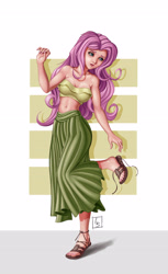 Size: 3040x4960 | Tagged: safe, artist:beamsaber, character:fluttershy, species:human, g4, bandeau, bare shoulders, belly button, breasts, busty fluttershy, clothing, female, humanized, long skirt, midriff, nail polish, sandals, shoes, signature, simple background, skirt, sleeveless, solo, strapless, toenail polish