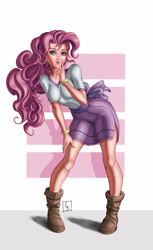 Size: 3040x4960 | Tagged: safe, artist:beamsaber, character:pinkie pie, species:human, g4, boots, breasts, busty pinkie pie, clothing, dress, female, humanized, pose, shoes, signature, simple background, smiling, solo