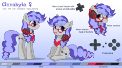 Size: 4500x2500 | Tagged: safe, artist:liquorice_sweet, oc, oc only, oc:cinnabyte, g4, adorkable, bandana, blep, cute, dork, gaming headset, glasses, headphones, headset, reference sheet, smiling, tongue out