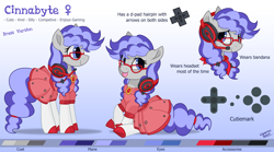 Size: 4500x2500 | Tagged: safe, alternate version, artist:liquorice_sweet, oc, oc only, oc:cinnabyte, species:earth pony, species:pony, g4, adorkable, bandana, blep, clothing, cute, dork, dress, gaming headset, glasses, headphones, headset, reference sheet, smiling, socks, tongue out