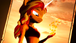Size: 1920x1080 | Tagged: safe, artist:backmaker, character:sunset shimmer, species:anthro, species:pony, species:unicorn, g4, 3d, clothing, fiery shimmer, fire, magic, pyromancy, source filmmaker