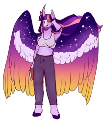 Size: 1280x1509 | Tagged: safe, artist:minsona, character:twilight sparkle, character:twilight sparkle (alicorn), species:alicorn, species:anthro, species:pony, species:unguligrade anthro, g4, arm behind back, armpits, beard, book, breasts, busty twilight sparkle, clothing, colored wings, curved horn, ethereal wings, facial hair, female, flowing mane, gradient wings, horn, mare, pants, simple background, solo, sports bra, sweatpants, white background, wings