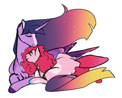Size: 1280x1022 | Tagged: safe, artist:minsona, character:pinkie pie, character:twilight sparkle, character:twilight sparkle (alicorn), species:alicorn, species:earth pony, species:pony, ship:twinkie, g4, blaze (coat marking), colored hooves, cuddling, ethereal mane, eyes closed, female, galaxy mane, gradient hair, lesbian, lying down, mare, prone, shipping, simple background, transparent background, ultimate twilight