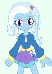 Size: 1448x2048 | Tagged: safe, artist:batipin, character:trixie, species:eqg human, g4, my little pony:equestria girls, blue background, cute, diatrixes, female, looking at you, simple background, solo