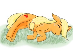 Size: 800x600 | Tagged: safe, artist:batipin, character:applejack, species:earth pony, species:pony, g4, cute, eyes closed, female, floppy ears, hatless, jackabetes, lying down, mare, missing accessory, sleeping, solo