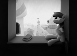 Size: 3603x2653 | Tagged: safe, artist:sheeppony, character:twilight sparkle, g4, book, female, grayscale, monochrome, rain, solo