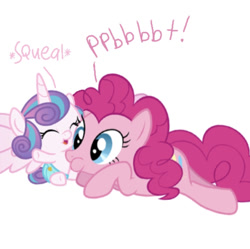 Size: 824x821 | Tagged: safe, artist:princessdestiny200i, character:pinkie pie, character:princess flurry heart, species:alicorn, species:earth pony, species:pony, g4, auntie pinkie pie, baby, baby pony, belly tickling, cute, diaper, diapinkes, female, filly, flurrybetes, laughing, mare, open mouth, raspberry, simple background, tickle torture, tickling, tummy buzz, weapons-grade cute, white background