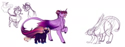 Size: 1280x480 | Tagged: safe, artist:minsona, character:twilight sparkle, character:twilight sparkle (alicorn), oc, oc:lasting legacy, parent:rarity, parent:twilight sparkle, parents:rarilight, unnamed oc, species:alicorn, species:earth pony, species:griffon, species:kirin, species:pony, species:unicorn, g4, alternate design, alternate hairstyle, colored wings, colored wingtips, colt, cowering, don't talk to me or my son ever again, female, gradient wings, griffon oc, hair bun, kirin hybrid, leonine tail, magical lesbian spawn, male, mother and child, mother and son, offspring, simple background, white background, wings
