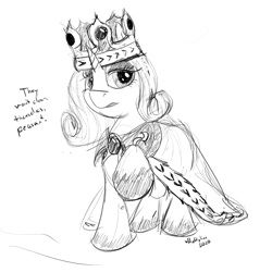 Size: 1500x1500 | Tagged: safe, artist:huffylime, character:rarity, species:pony, species:unicorn, g4, cape, clothing, crown, dirty, female, hooves, jewelry, monochrome, muddy hooves, princess platinum, regalia, sketch, solo