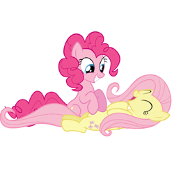 Size: 1080x1080 | Tagged: safe, artist:princessdestiny200i, character:fluttershy, character:pinkie pie, species:earth pony, species:pegasus, species:pony, g4, belly tickling, cute, diapinkes, female, grin, mare, open mouth, shyabetes, simple background, sitting, smiling, tickle torture, tickling, white background