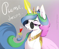 Size: 2123x1754 | Tagged: safe, artist:therealf1rebird, character:princess celestia, species:alicorn, species:pony, g4, alcohol, alternate hairstyle, clothing, darling, dress, female, glasses, horn, looking at you, magic, mare, solo, sunglasses, telekinesis, wine