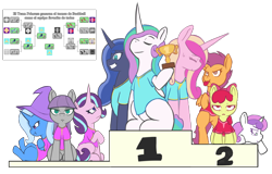 Size: 2216x1420 | Tagged: safe, artist:wild-thunder06, character:apple bloom, character:maud pie, character:princess cadance, character:princess celestia, character:princess luna, character:scootaloo, character:starlight glimmer, character:sweetie belle, character:trixie, species:alicorn, species:earth pony, species:pegasus, species:pony, species:unicorn, g4, clothing, cutie mark crusaders, hat, simple background, spanish, tongue out, tournament, transparent background, trixie's hat, unamused