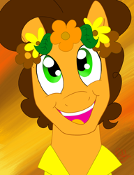 Size: 1536x2000 | Tagged: safe, artist:hufflepuffrave, character:cheese sandwich, species:earth pony, species:pony, g4, bust, cute, floral head wreath, flower, male, smiling, solo