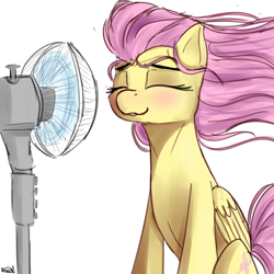 Size: 2000x2000 | Tagged: safe, artist:nixworld, character:fluttershy, species:pegasus, species:pony, g4, blushing, cute, electric fan, eyes closed, fan, female, shyabetes, simple background, sitting, smiling, solo, white background, windswept mane