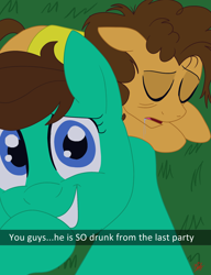 Size: 1536x2000 | Tagged: safe, artist:hufflepuffrave, character:cheese sandwich, oc, oc:pencil sketch, species:earth pony, species:pony, g4, canon x oc, drool, drunk, female, male, selfie, snapchat, straight
