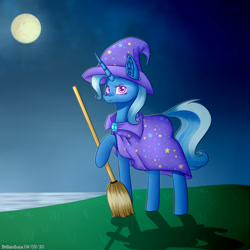 Size: 2000x2000 | Tagged: safe, artist:brilliant-luna, character:trixie, species:pony, species:unicorn, g4, broom, cape, clothing, ear fluff, female, full moon, hat, moon, night, raised hoof, river, solo