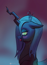 Size: 1455x2000 | Tagged: safe, artist:aterhut, character:queen chrysalis, species:changeling, g4, bust, female, floppy ears, forked tongue, profile, solo, tongue out