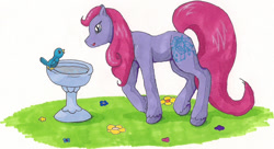 Size: 1533x832 | Tagged: safe, artist:rikakitty, species:bird, species:earth pony, species:pony, g2, female, fountain, long tail, solo, wingsong