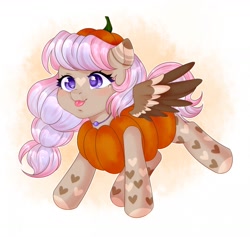 Size: 1280x1213 | Tagged: safe, artist:bylullabysoft, oc, oc only, species:pegasus, species:pony, g4, blep, clothing, costume, digital art, female, flying, mare, pumpkin, simple background, solo, spread wings, tongue out, white background, wings