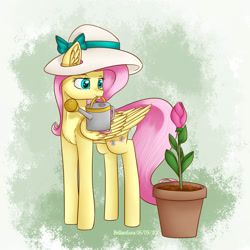 Size: 2000x2000 | Tagged: safe, artist:brilliant-luna, character:fluttershy, species:pegasus, species:pony, g4, abstract background, bow, clothing, ear fluff, female, flower, folded wings, hat, head turn, looking at something, mare, mouth hold, potted plant, solo, standing, sun hat, watering can, wings