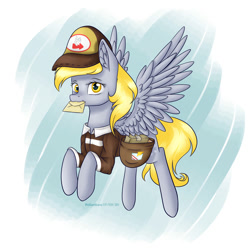 Size: 2000x2000 | Tagged: safe, artist:brilliant-luna, character:derpy hooves, species:pegasus, species:pony, g4, abstract background, bag, cap, clothing, ear fluff, female, flying, hat, letter, mare, saddle bag, solo