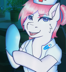 Size: 2753x3000 | Tagged: safe, artist:legionsunite, character:nurse redheart, species:earth pony, species:pony, g4, album, album parody, blink 182, enema of the state, female, gloves, high res, mare, nurse outfit, rubber gloves