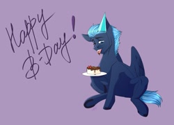 Size: 2560x1840 | Tagged: safe, artist:coffeez, oc, oc:vittel bone, species:pegasus, species:pony, g4, birthday, cake, food, looking at you, open mouth, pegasus oc, solo, wings